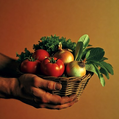 Fresh vegetables in basket held by hand
