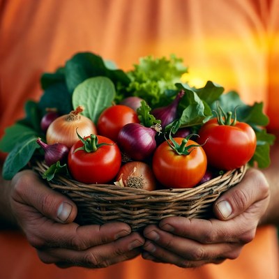 Hands holding fresh vegetables in a basket