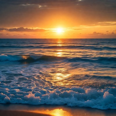 Sunset over the ocean waves