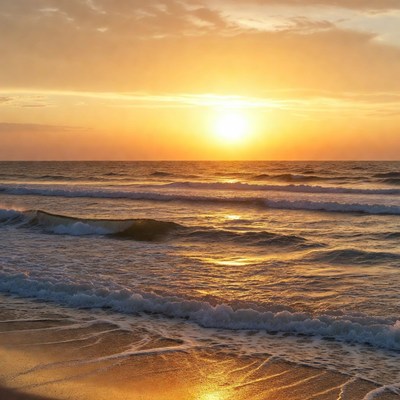 Sunset over the ocean waves