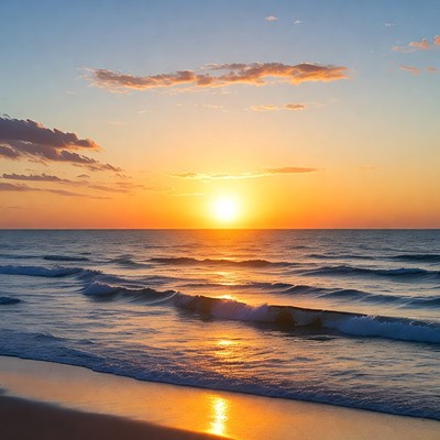 Sunset over the ocean waves in a coastal area