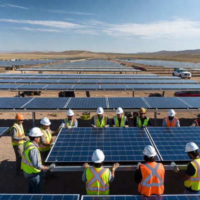 Workers install solar panels on site
