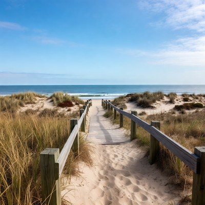 Pathway through sandy dunes to beach