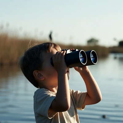Child using binoculars by the water