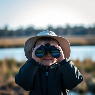 Child observing nature with binoculars