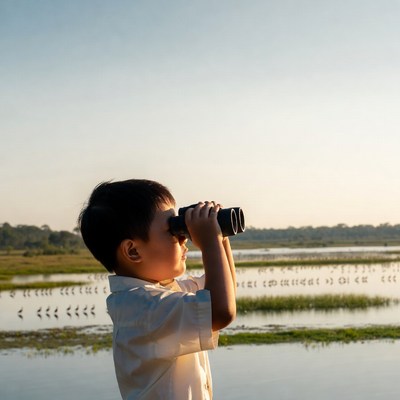Child using binoculars by water