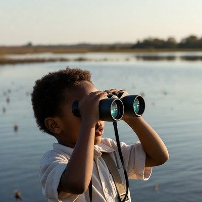 Child observes nature with binoculars