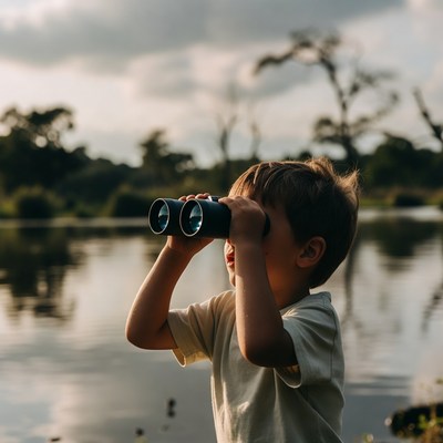 Child using binoculars by the water