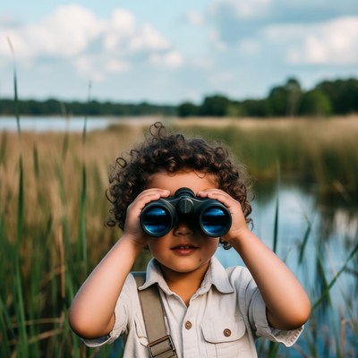 Child explores nature with binoculars