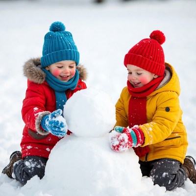 Kids building a snowman in winter