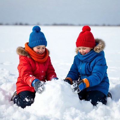 Kids building a snowman in winter