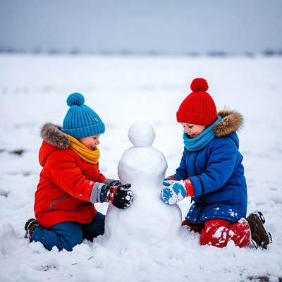 Kids building snowman in winter