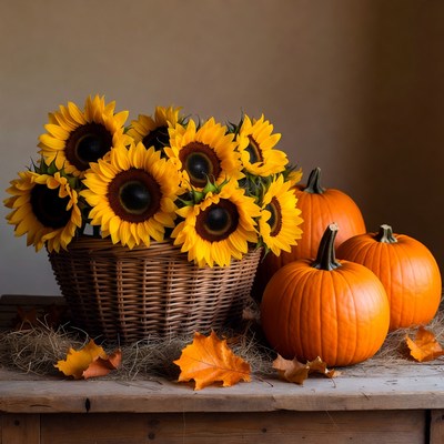 Sunflowers and pumpkins in a basket