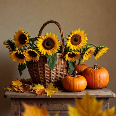 Sunflowers and pumpkins in autumn