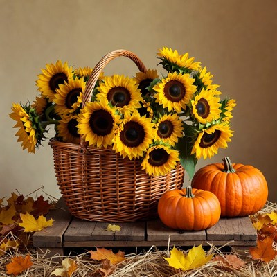 Sunflowers and pumpkins in autumn basket