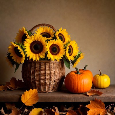Fall basket with sunflowers and pumpkins