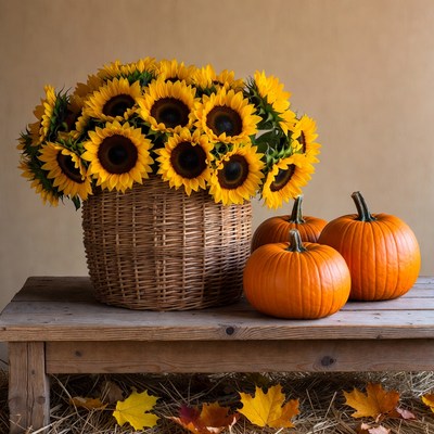 Sunflowers and pumpkins on display