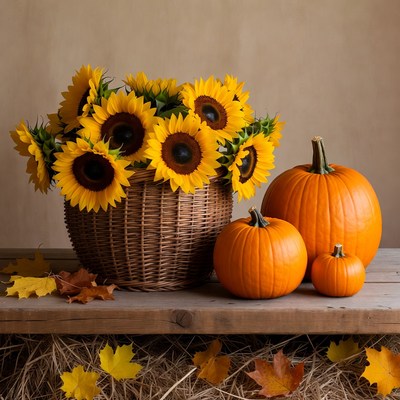 Sunflowers and pumpkins on a table