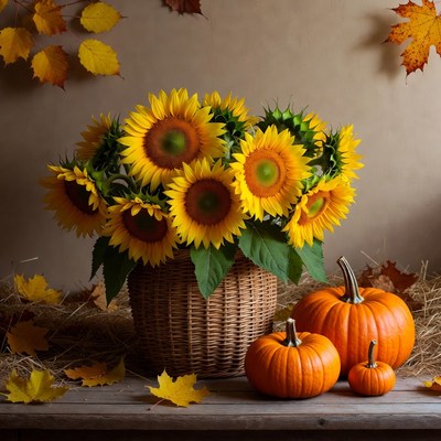 Sunflowers and pumpkins on display