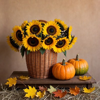Sunflowers and pumpkins in autumn