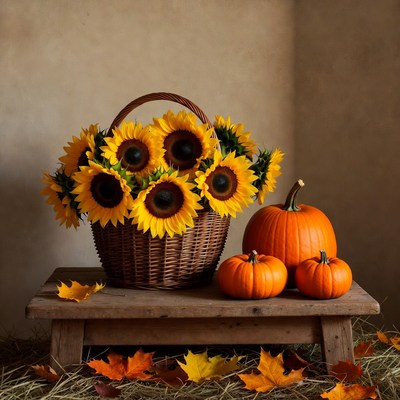 Sunflowers, pumpkins, and autumn display