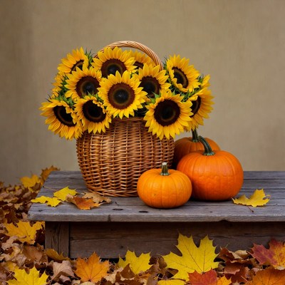 Sunflowers and pumpkins in autumn