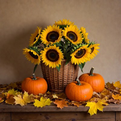 Sunflowers and pumpkins at autumn