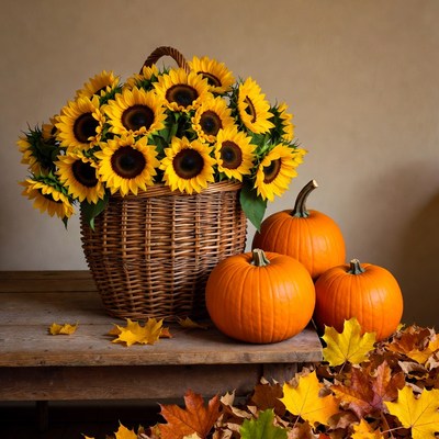 Sunflowers and pumpkins in autumn setting