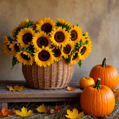 Sunflowers and pumpkins in autumn display