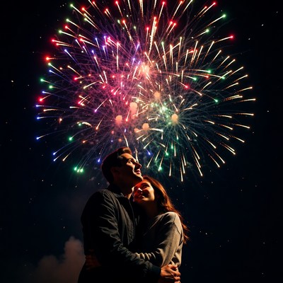 Couple watching fireworks display at night