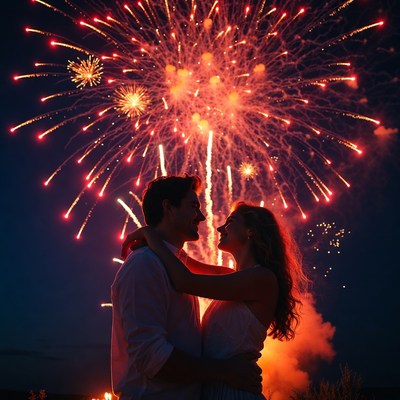 Couple celebrates under fireworks display