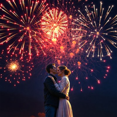 Couple enjoys fireworks at night