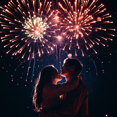 Couple watching fireworks at night