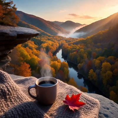 Warm drink by mountain river