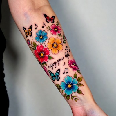 Colorful tattoo with flowers and butterflies