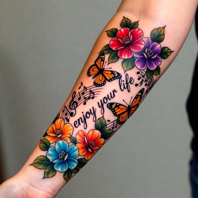 Colorful tattoo with flowers and butterflies
