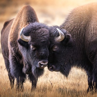 Bison interact in grassy field