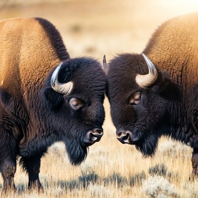 Buffalo face each other in grassy field