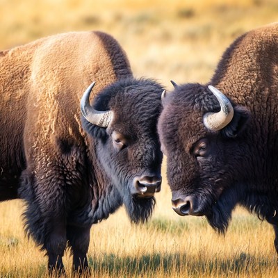 Bison pair in open field during daylight