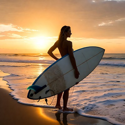 Surfer on beach at sunset