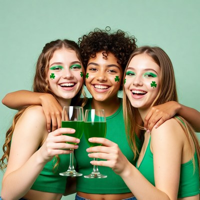 Friends celebrate with green drinks together