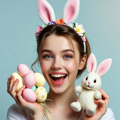 Young woman celebrates easter with bunny items
