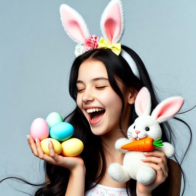 Girl holding easter eggs and bunny