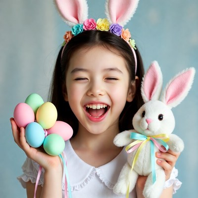 Child with bunny ears and easter items