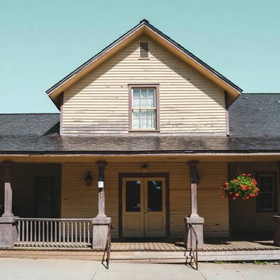 Old wooden house with porch in sunlight