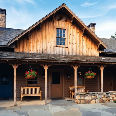 Wooden house with hanging plants