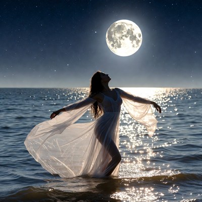 Woman standing in water at night