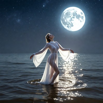 Woman standing in water at night