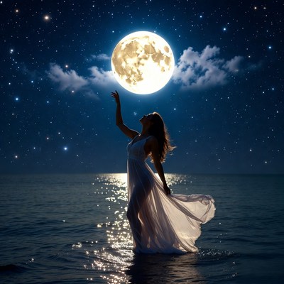 Woman dances under full moonlight