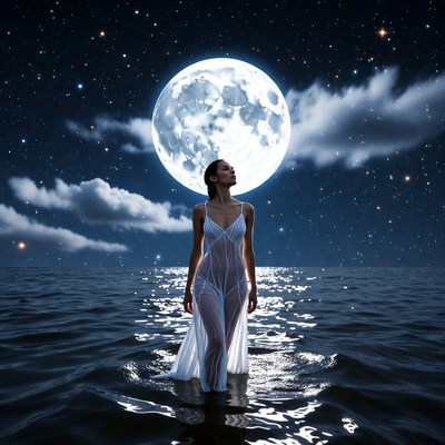 Woman walking in water at night